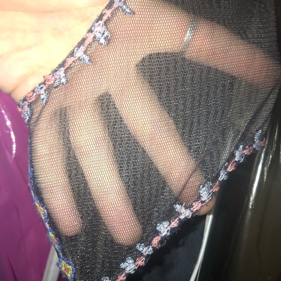 Navy High Neck Prom Dress with Floral Embroidery - Picture 7 of 8